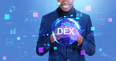 Poster - African businessman with phone in hands, DEX hologram and information fields