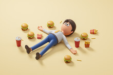 Cartoon Man Lying Among Burgers