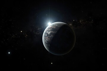 Wall Mural - view of distant exoplanet, with stars in the background, against black space, created with generative ai