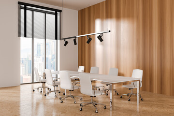 Light wooden and white office meeting room corner