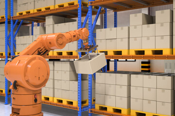 Automation factory or cargo with 3d rendering robotic arm carry cardboard box