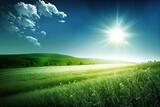 Fototapeta Natura - Green field, blue sky and sun. Generative AI