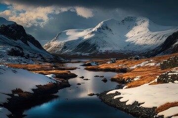 Sticker - Kfjorddalen Valley with Snow Mountains. Generative AI