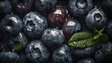 Fototapeta Storczyk - Fresh blueberries seamless background, adorned with glistening droplets of water. Top down view. Food Advertising photography. Commercial photography. Ai generative