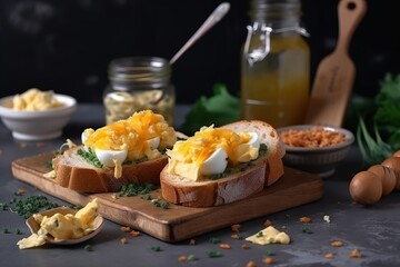  a wooden cutting board topped with two pieces of bread covered in eggs.  generative ai