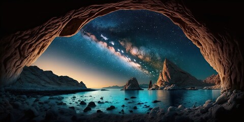Wall Mural - Arched Milky Way in the summertime sky above the stunning mountains and aquamarine sea. A vibrant landscape with a Milky Way arch, moonlight, a constellation, and water. Galaxy. Space and nature