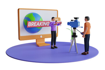 3d man holding a microphone with reporting news and cameraman shooting for breaking news. Television presenter in front telling breaking news. 3D Illustration
