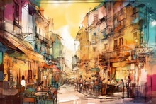  A Painting Of A City Street With People Sitting At Tables.  Generative Ai