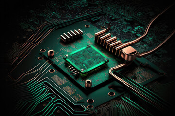 Fototapete - electronic green circuit board with computer chips. Generative AI