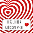 Herzlichen Glückwunsch - Schriftzug in deutscher Sprache. Grußkarte mit roten und weißen Herzen.