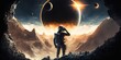 The last eclipse science fiction scene depicting astronaut observing solar eclipse from mountain in space surrounded by asteroids. Generative AI
