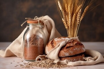  a loaf of bread next to a jar of grain on a table.  generative ai