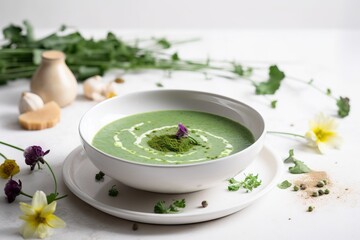  a bowl of green soup on a plate with flowers around it.  generative ai