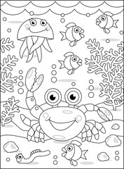 Wall Mural - Coloring page with crab and underwater scene of sea life
