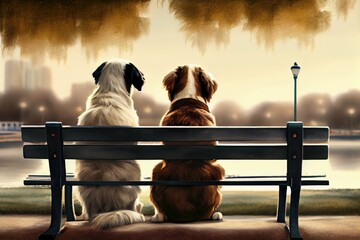 Wall Mural - two dogs, sitting on bench and looking at the view of park, created with generative ai