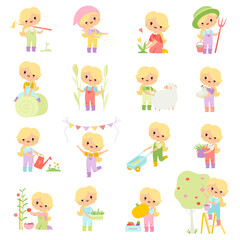 Poster - Little Blond Girl Farmer in Jumpsuit and Hat at Farm Working in the Garden Big Vector Set