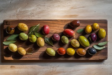 Wall Mural - On top of a wooden board, a variety of olives covered in olive oil are displayed. Generative AI