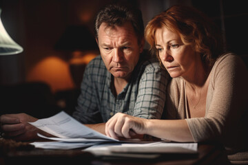 Middle aged couple looking at bills with worried looks, having financial problems, Generative ai