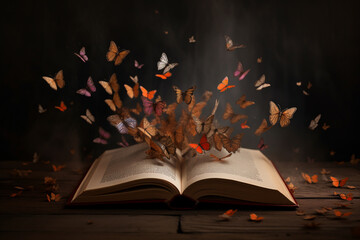 open book with butterflies coming out of it, surreal style. ai generative