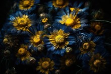  A Bunch Of Yellow And Blue Flowers On A Black Background.  Generative Ai