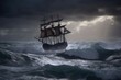 stormy sea with pirate ship, sails flapping in the wind, created with generative ai