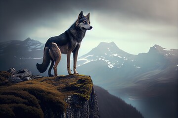 Wall Mural - sleek wolf, eyes fixed on distant prey, atop mountain peak, created with generative ai