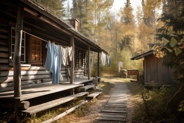 Wall Mural - clothesline in front of rustic cabin, with view of the woods, created with generative ai