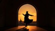 Black shadow silhoutte of man Whirling dervish under mosque door frame with sunset background, islamic background concept, eid al adha, ramadan kareem, eid mubarak. Generative ai