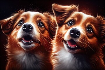 Poster - close-up of two cute dogs' faces, with their eyes shining and tongues hanging out, created with generative ai