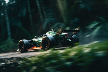  a green race car driving down a road in the woods.  generative ai