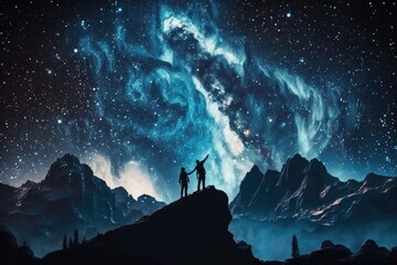 Wall Mural - Milky Way with people on the mountain. Landscape with night sky with stars and silhouette of standing happy man and woman who pointing finger in starry sky. Milky way with travelers. Beautiful galaxy