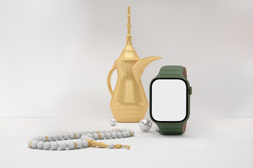 Wall Mural - Eid Smart Watch and Rosary Front Side In White Background