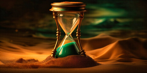 a hourglass is sitting in the dirt,