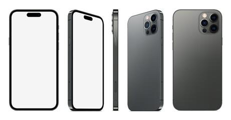 Poster - new smartphone frameless grey color with blank screen saver front and backside view isolated on white background. mockup of realistic new mobile phone with shadow. vector 3d isometric illustration