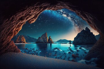 Wall Mural - Arched Milky Way over the beautiful mountains and blue sea at night in summer. Colorful landscape with bright starry sky with Milky Way arch, moonlight, constellation, water. Galaxy. Nature and space