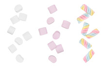 Colorful Marshmallows Candy Falling In The Air Isolated On Transparent Background. PNG