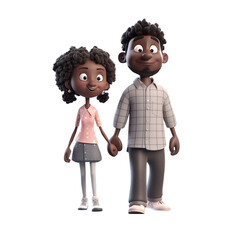 Wall Mural - 3D cartoon character cute couple African American young man and woman walking together of laughing funny, full body person isolated on white and transparent background, ai generate