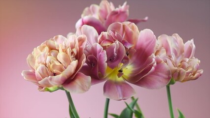 Sticker - Tulip bouquet, tulips spring flowers close up, blooming pastel pink tulips Easter background, bunch. Beautiful Spring flowers blooming, beauty flower. Watercolor Belle Epoque tulips. Slow motion