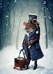 Poster - Anthropomorphic mouse wearing a winter coat on a snow, cartoon or child's book character