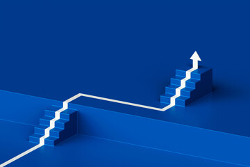 Wall Mural - White arrow following the stairs of growth on blue background, 3D arrow climbing up over a staircase , 3d two stairs with arrow going upward, 3d rendering