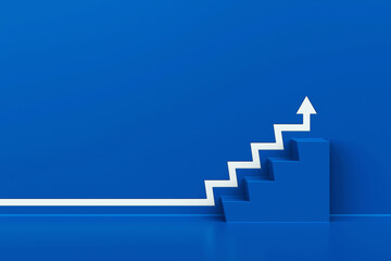 Wall Mural - White arrow with stair on blue wall background, 3D arrow climbing up over a blue staircase, 3d rendering