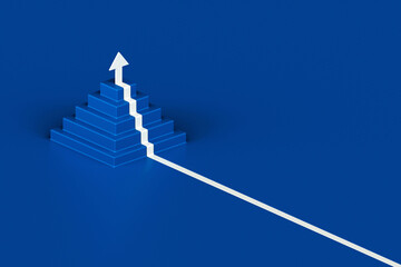 Wall Mural - White arrow following the stairs of growth on blue background, 3D arrow climbing up over a staircase , 3d stairs pyramid shape with arrow going upward, 3d rendering