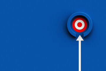 Wall Mural - White arrow hit the target on blue wall background. business strategy and target achievement concept. 3d rendering