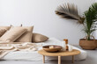 © VICHIZH - table furniture palm tray interior rattan design modern apartment home bed. Generative AI.