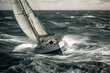Sailboat Racing Across Choppy Sea With Wind Whipping Through The Sails. Generative AI