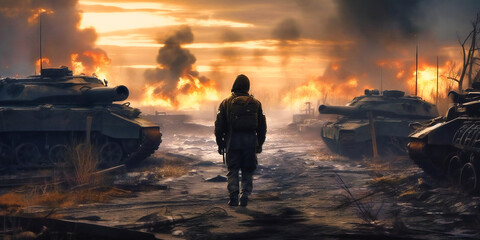 a soldier standing in front of tanks before an explosion of fire