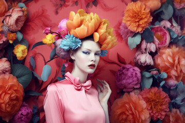 woman colour spring fashion summer flower art peony portrait bouquet beauty. Generative AI.