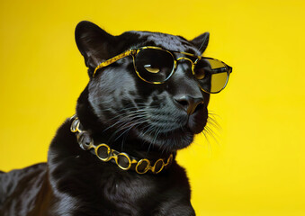 Cool black jaguar posing in sunglasses against a yellow background. Despite being in an unfamiliar environment, the animal feels good. AI generated image.