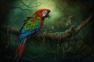 Sticker - Colorful parrot perched on the branch, its feathers a riot of green, blue, and red. Oil color painting necronomicon illustrations. Generative AI