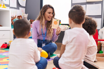 Sticker - Woman and group of kids having vocabulary lesson with word cards at kindergarten